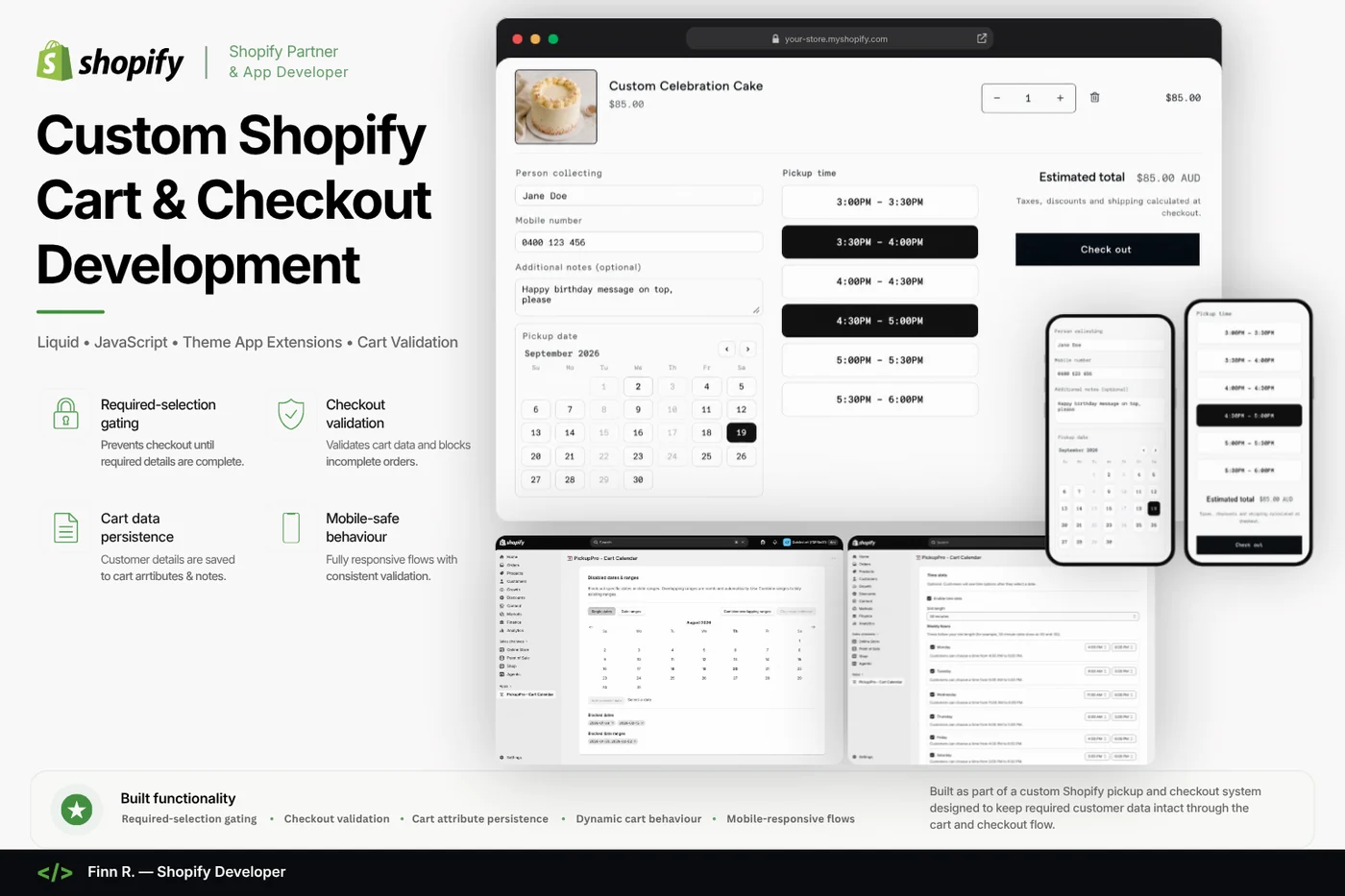 PickupPro Shopify cart and checkout development shown across desktop, mobile and merchant admin screens
