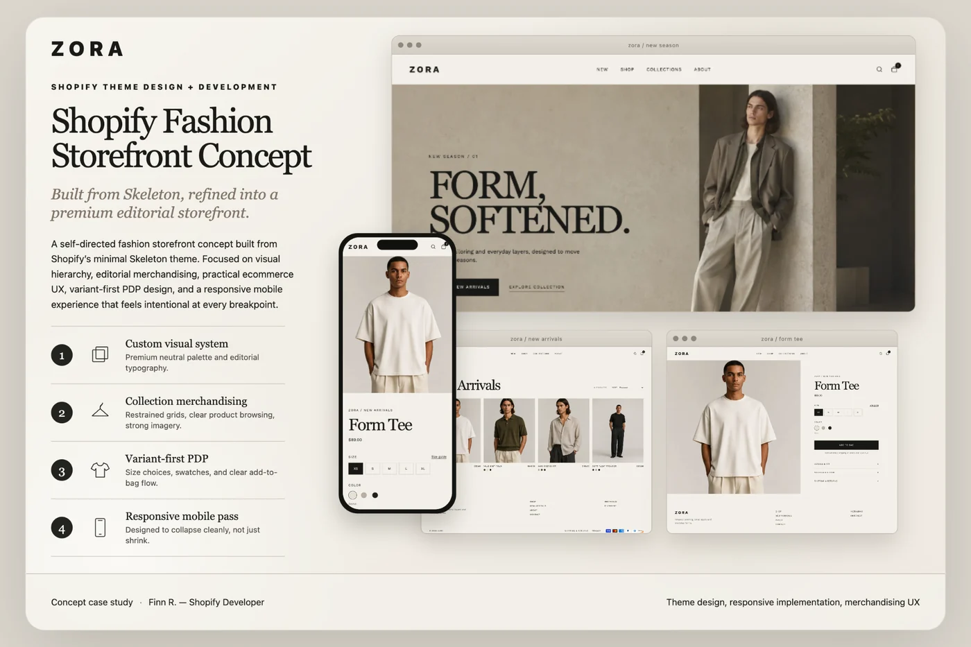 ZORA Shopify fashion storefront concept showing homepage, collection, product and mobile views